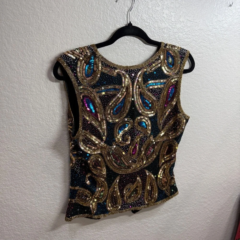 Lawrence Kazars Womens S Beaded Silk Vest Black Gold Paisley Boho Eclectic Artsy - Picture 6 of 11